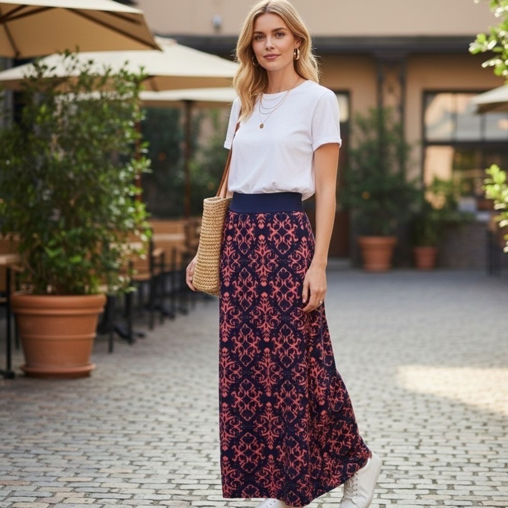 Maxi Skirt S‎ Coral Blue Pattern Bohemian Stretch Waist Boho Festival Wear